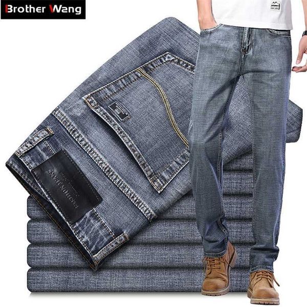 

men's jeans classic style business casual advanced stretch regular fit denim trousers grey blue pants male 211104