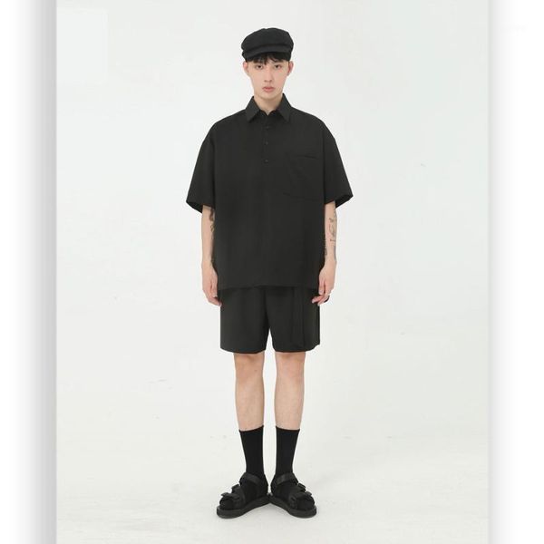 

men's casual shirts men summer 2 pieces suits sets short sleeve loose pullover shorts male japan korea style streetwear hip hop, White;black