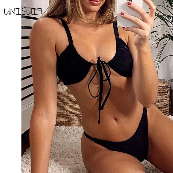 

women's swimwear 2 pieces low waist halter bandage fashion female folds solid color bikini sets swimsuits bather beachwear biquini, White;black