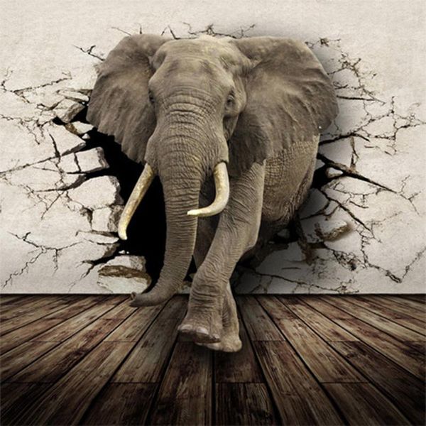 Wallpapers personalizado tamanho 3d quebrado parede elefante rinoceronte po mural papel para crianças quarto sala de estar decoração não-tecido papel de parede