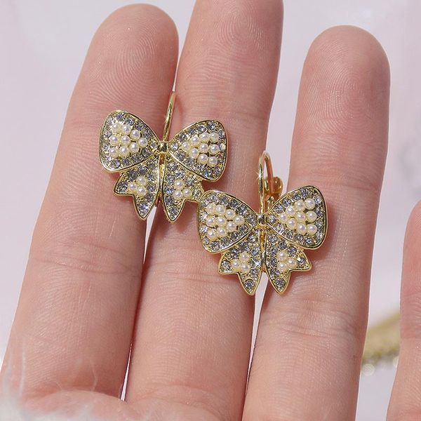 

stud shiny side fashion brand jewelry crystal knot earrings for women gift elegant pearl beads, Golden;silver