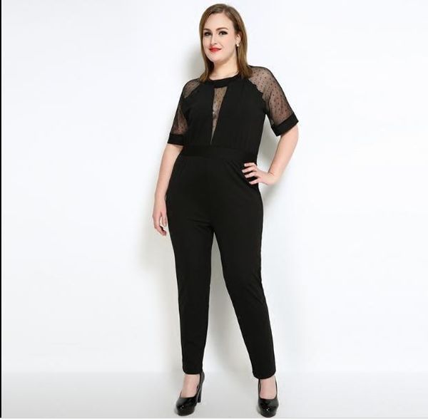 

women's jumpsuits & rompers mesh patchwork womens jumpsuit plus size women clothing 2021 summer overalls combinaison short femme vneck, Black;white