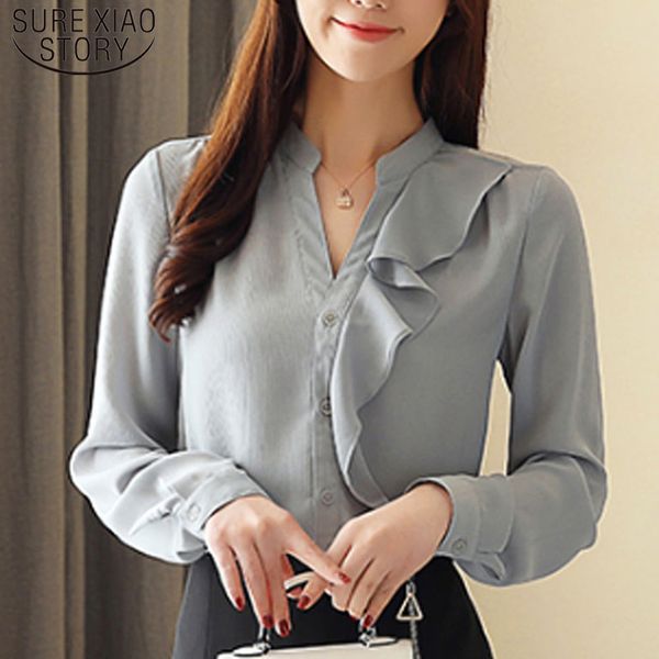 

casual autumn fashion long sleeve women chiffon blouses v-neck ruffles solid clothing office lady 5493 50 210510, White