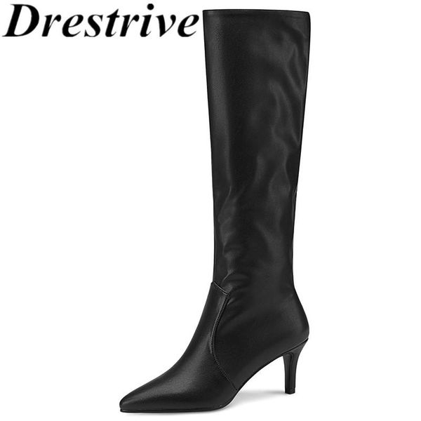 

boots drestrive women knee high pointed toe cow split leather zipper 2021 classics winter shoes big size 43 silver thin heels, Black