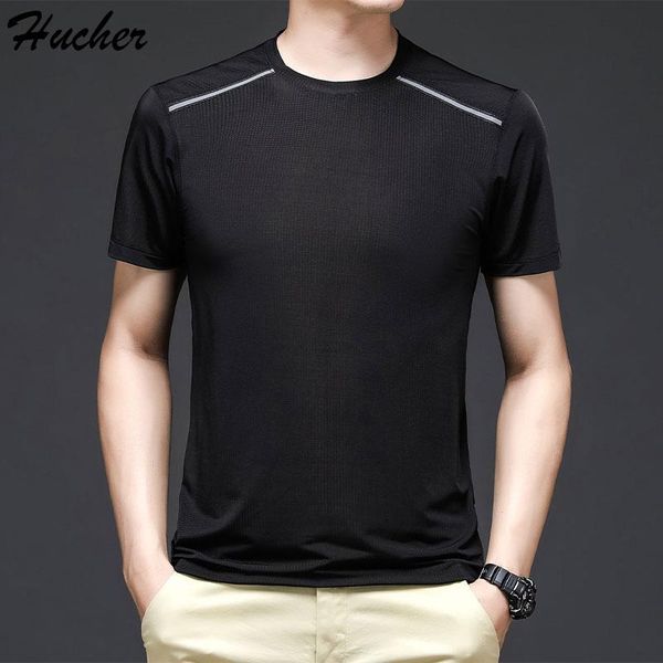 

men's t-shirts huncher men t-shirt mens summer fashion running slim fit elastic quick dry bodybuilding ice silk black for male, White;black