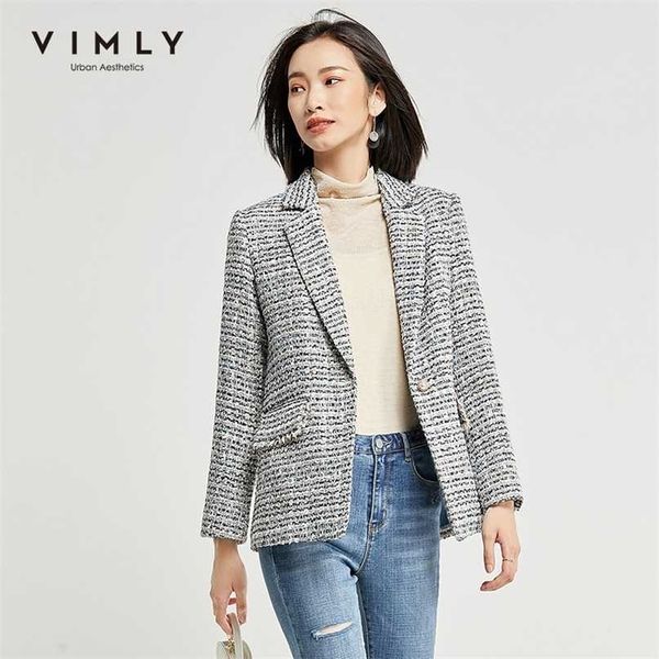 Vimly Donna Blazer Autunno Primavera Elegante Risvolto Singolo Bottone Giacca di Tweed Slim Business Casual Cappotto Donna F3728 211122