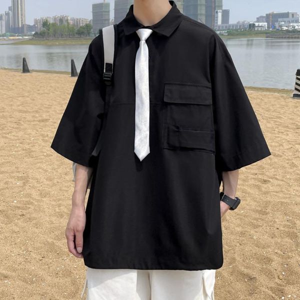 

men's casual shirts summer short-sleeved shirt fashion solid color pocket men korean loose pullover mens dress -2xl, White;black
