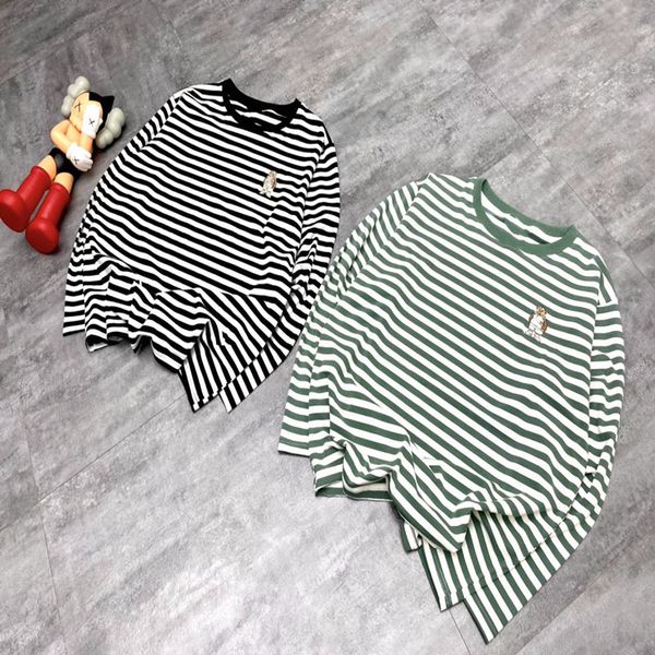 

21 early autumn casual long sleeve stripe inside small label couple round neck t-shirt, White