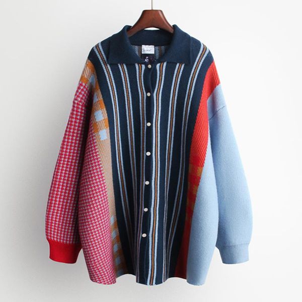 

women's knits & tees [ewq] korea chic color matching striped knitted cardigan autumn 2021 laple loose single breasted long sleeve sweat, White