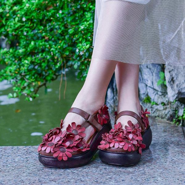 

dress shoes anance original handmade leather women's sandals thick-soled slope with flowers ethnic literary personality casual, Black