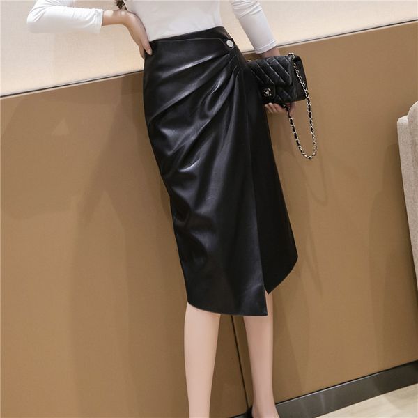 

skirts Get off high waist of the female vintage flared fine adjustment sexy spring midi pu skirt a215, Black