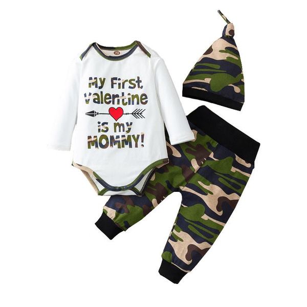 

0-24m born valentine's day clothes set toddler baby boys jumpsuit letter print camouflage girls casual 3pcs clothing sets, White
