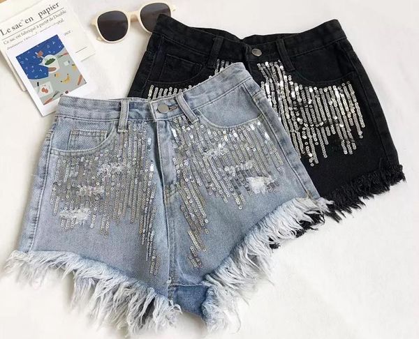 

women's shorts denim sequins jeans summer booty sequined high waists fringe casual fashion wide leg short pants, White;black