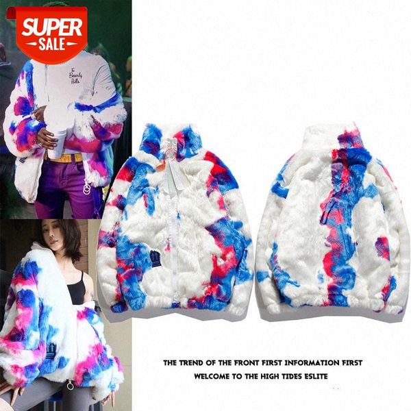 

street brand off rendering fur men and women loose jacket ow tie-dye couple zipper #qx7g, Black;brown