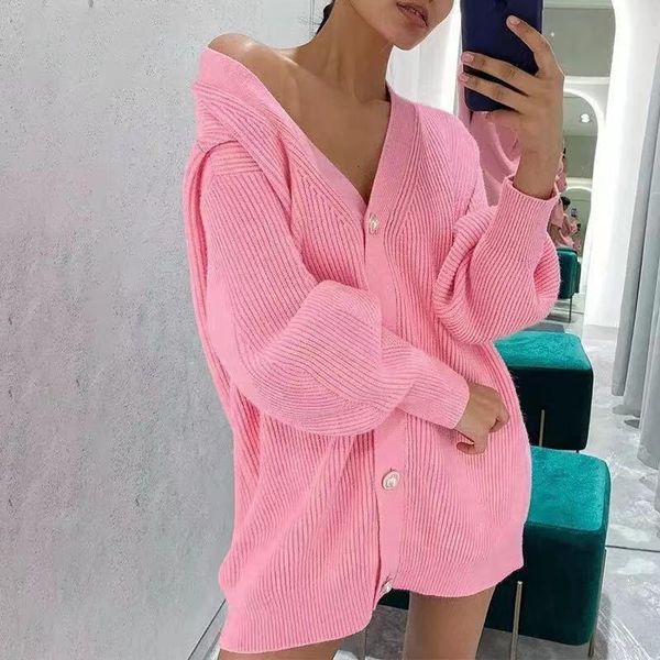 

women's knits & tees 2021 european and american sweater coat solid color casual cardigan loose knit buttoned, White