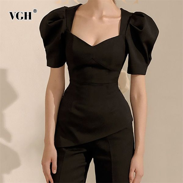 

hit color patchwork bowknot shirts for women square collar puff short sleeve casual slim hollow out blouses female 210531, White