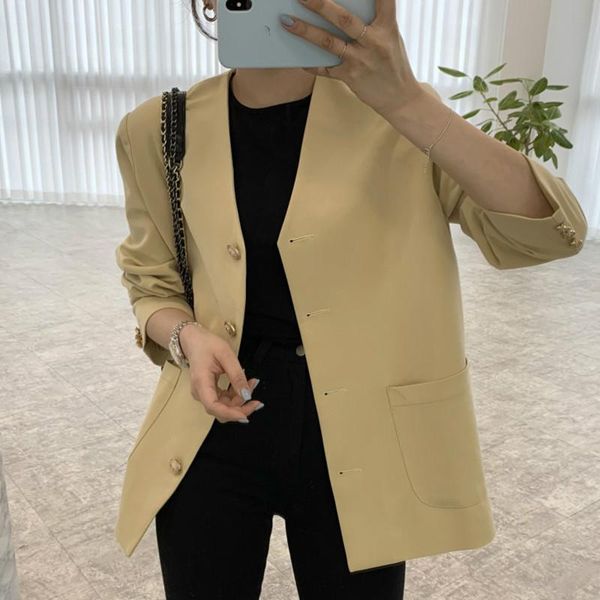 

women's suits & blazers [ewq] korea chic casual trend v-neck single-breasted fashion simple pocket long-sleeved blazer autumn 2021 16e2, White;black