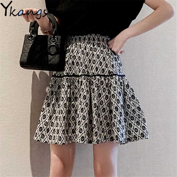 

casual floral print mini skirt women summer vintage elastic high waist party clubwear short pleated skirt lady office streetwear 210619, Black