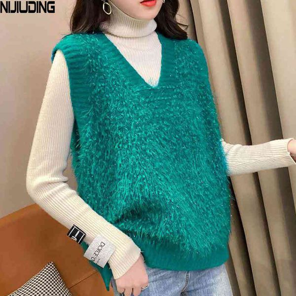 V-образным вырезом сплошной цвет пуловер в корейский стиль яркий шелк женский свитер жилет вязаные женщины свободный внешний износ 210514