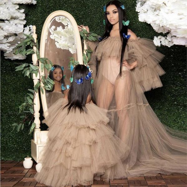 

casual dresses mommy and me dress po shoot sheer tulle robe women long ruffled sleeves nude khaki maternity for pography, Black;gray