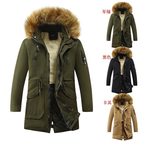

men's jackets winter cotton clothes drawstring waist closing hooded wool collar zipper plush jacket, Black;brown