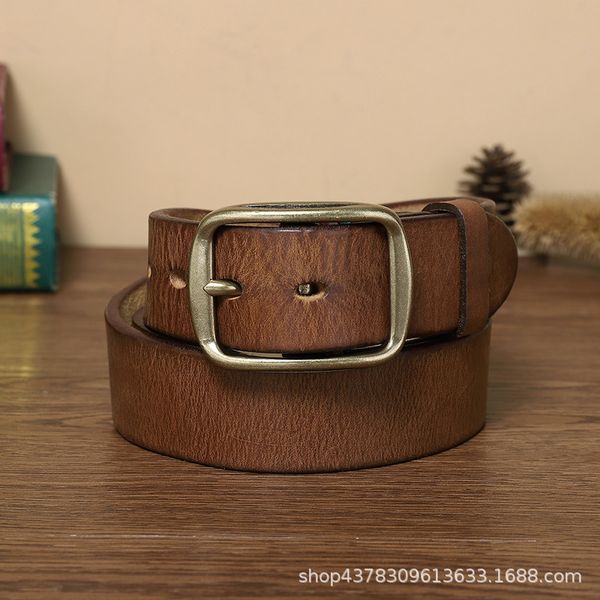

thickened pure copper pin buckle belt mens genuine cattlehide leather surface retro casual trendy all-match youth jeans belt no. 2, Black;brown