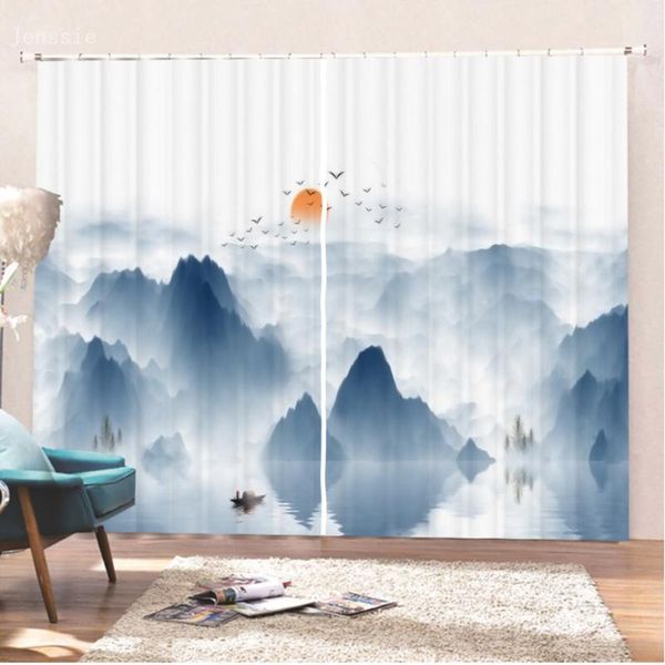 

traditional chinese landscape ink painting blackout curtains for living room window bedroom fabrics drape blinds panels curtain & drapes