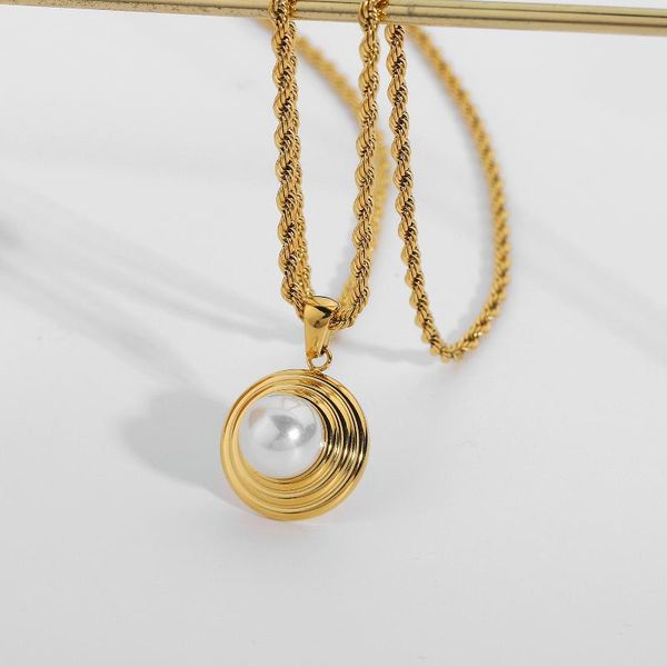 

pendant necklaces french round tire pattern pearl necklace for women gift gold plating stainless steel twisted chain choker jewelry, Silver