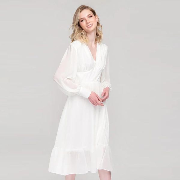 

casual dresses muiches bohemian chiffon white party dress female lantern sleeve high waist deep v-neck a-line for women fall elegant, Black;gray