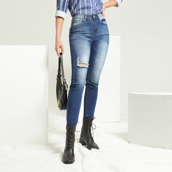 

women's jeans fashion autumn casual skinny leg pants high waist denim mom streetwear ripped trousers for female, Blue