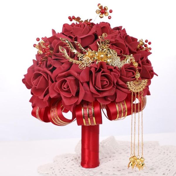 

decorative flowers & wreaths pe foam wedding bridal holding bouquet artificial with tassel decor pink, red, wine red 2021 arrival