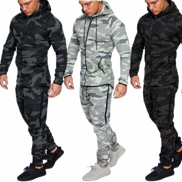 

men's tracksuits fad spring men sports suit camouflage hooded sweatshirt pants set man casual tracksuit fitness cardigan joggers sportw, Gray