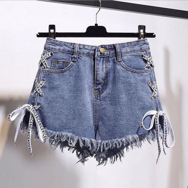 

euro and womens short american style summer shorts women female blue high waist denim worn loose burr hole jeans ns8960, White;black