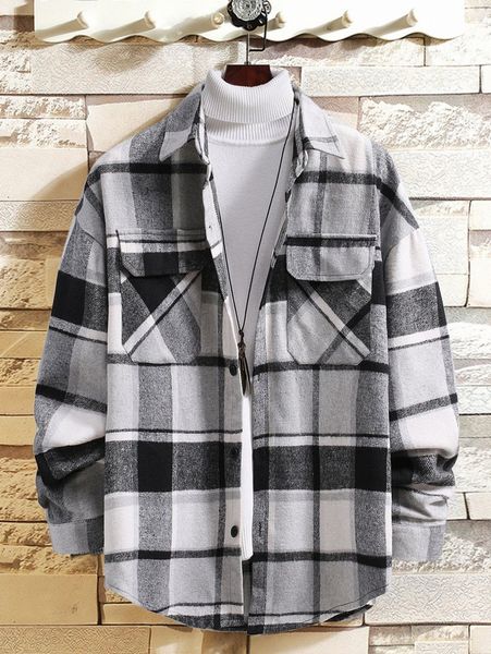 

men plaid flap pocket coat r2v3#, Black;brown