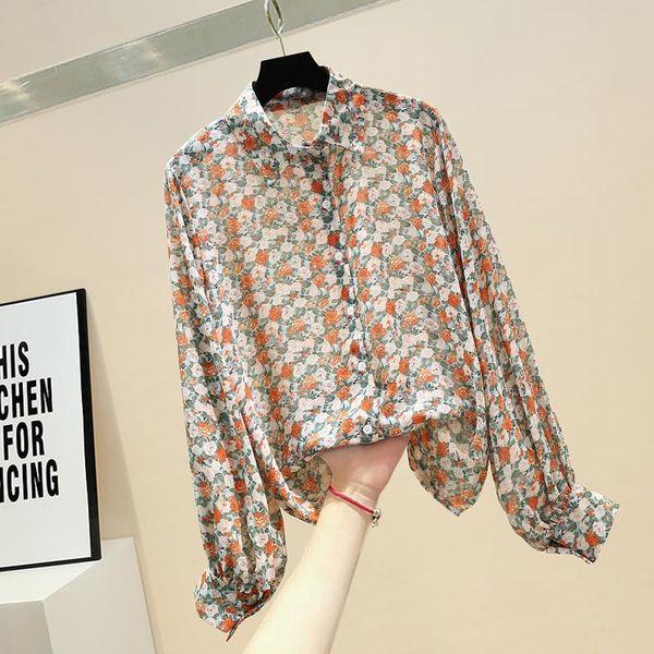 

print chiffon blouse ladies all-match women lantern sleeve floral shirt women's streetwear sunscreen blouses & shirts, White
