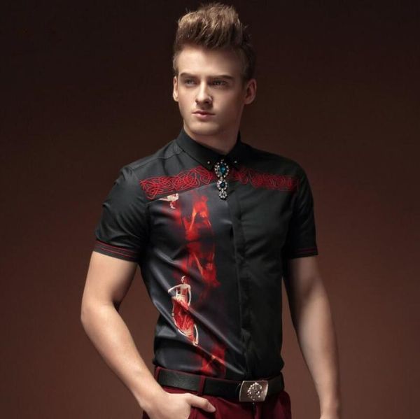

5xl2021 men's summer fashion personality slim black printing shirt plus size stage singer costumes casual shirts, White;black