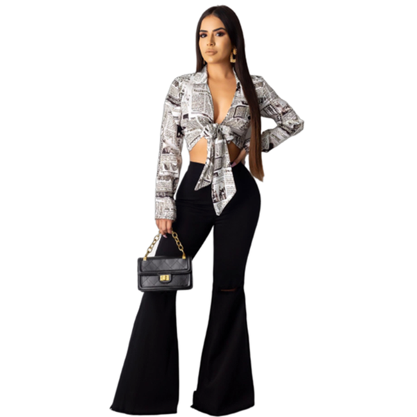 

lemon gina 2021 autumn turn-down collar long sleeve croptblouses spaper print tie up clothes r6232 women's & shirts, White