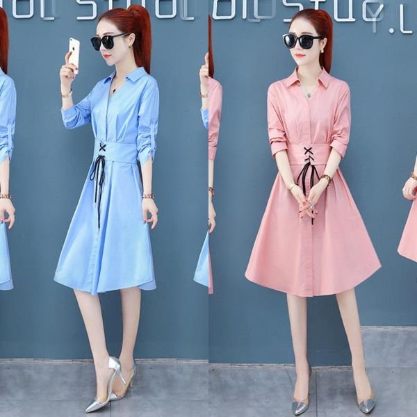 

casual dresses winterspring fashion women dress female elegant long sleeve shirt ladies turn-down collar x113, Black;gray