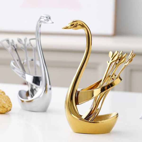 

1set stainless steel dinnerware set, swan base holder with forks and spoons for coffee, dessert, stir, cake sets