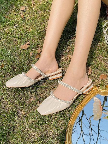 

slippers ladies summer korean version of elegant wild square head pearl folds retro baotou fashion. h1bd, Black