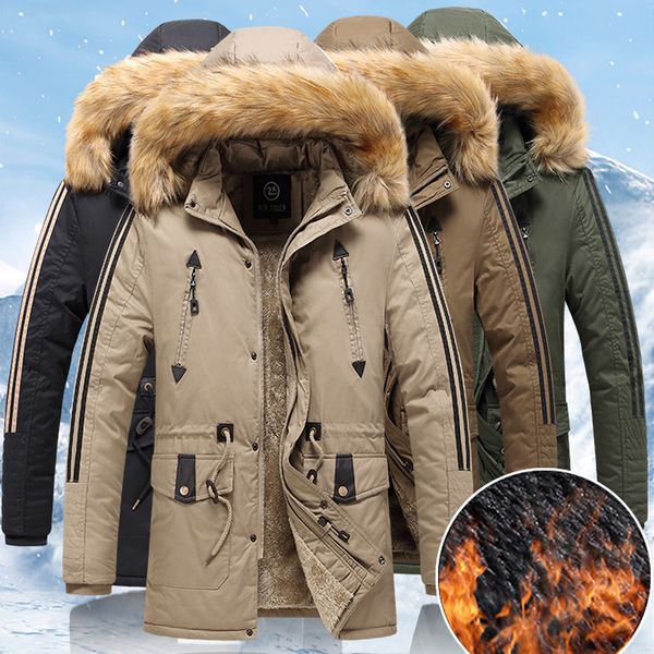 

winter jacket men fur collar hooded men wool liner snow long parka jacket outerwear thick thermal men warm coat windbreaker, Black