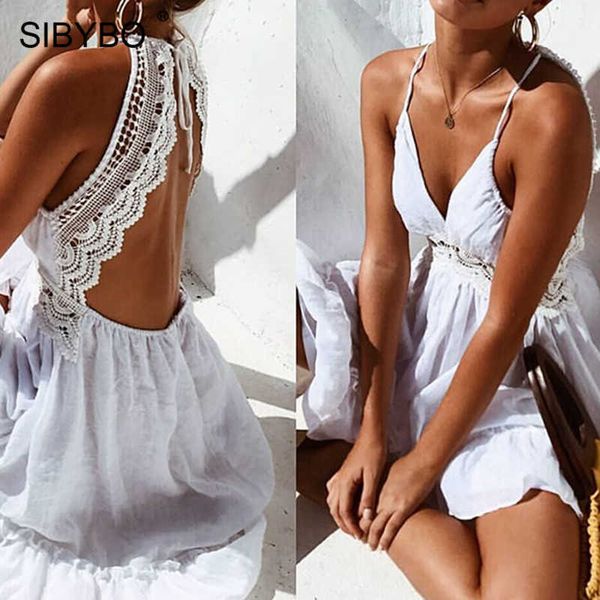 

sibybo backless spaghetti strap cotton summer v-neck hollow out party sleeveless beach casual women dress, Black;white