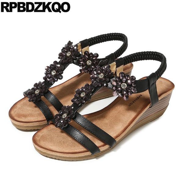 

strap diamond bling embellished luxury shoes women designer big size wedge rhinestone sandals white fashion jewel large flower, Black