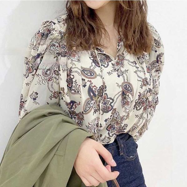 

summer v-neck lantern long sleeve women blouses belt fungus design chiffon shirts chic elegant casual blusas rojas mujer 210525, White