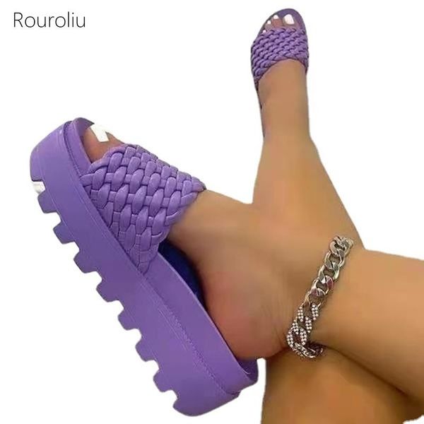 

slippers rouroliu 2021 fashion weave women summer thick platform casual shoes slides flat sandals big size 35-43, Black