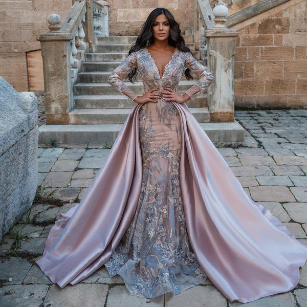 

stylish beaded lace mermaid evening dresses deep v neck appliqued long sleeves prom gowns with detachable train formal dress, Black;red