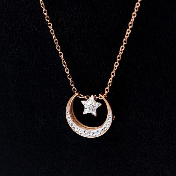 

x4-308 personality fashion white full diamond moon star rose gold necklace temperament mud clavicle chain, Silver