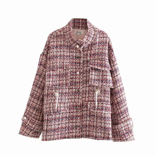 Frauen Retro Kontrast Farbe Plaid Woolen Stehkragen Kordelzug Taille Mantel Elegante Tasche Strickjacke Mode Straße Kleidung 210521