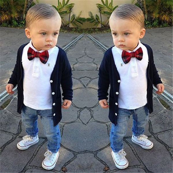 

boys tshirts coat denim long pants baby gentleman 3 pieces suits toddler set kids jeans children's clothing cardigan 210413, White