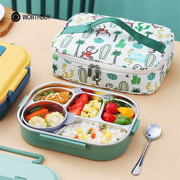 Worthbuy Portátil Kids Lancheira com compartimento 18/8 Recipiente de alimentos de aço inoxidável para crianças Picnic Bento 211104